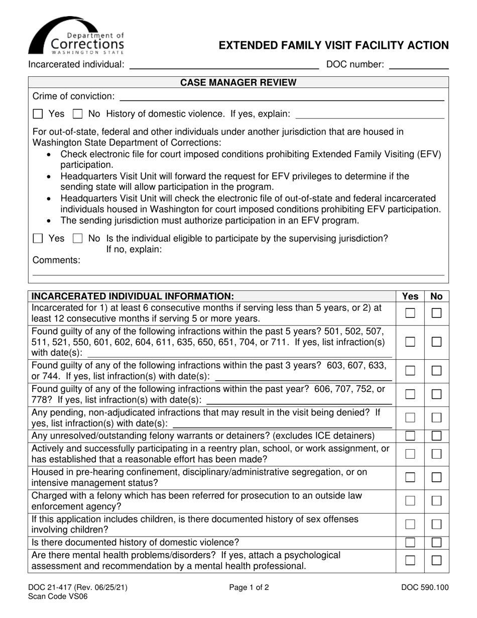 Form DOC21-417 Extended Family Visit Facility Action - Washington, Page 1