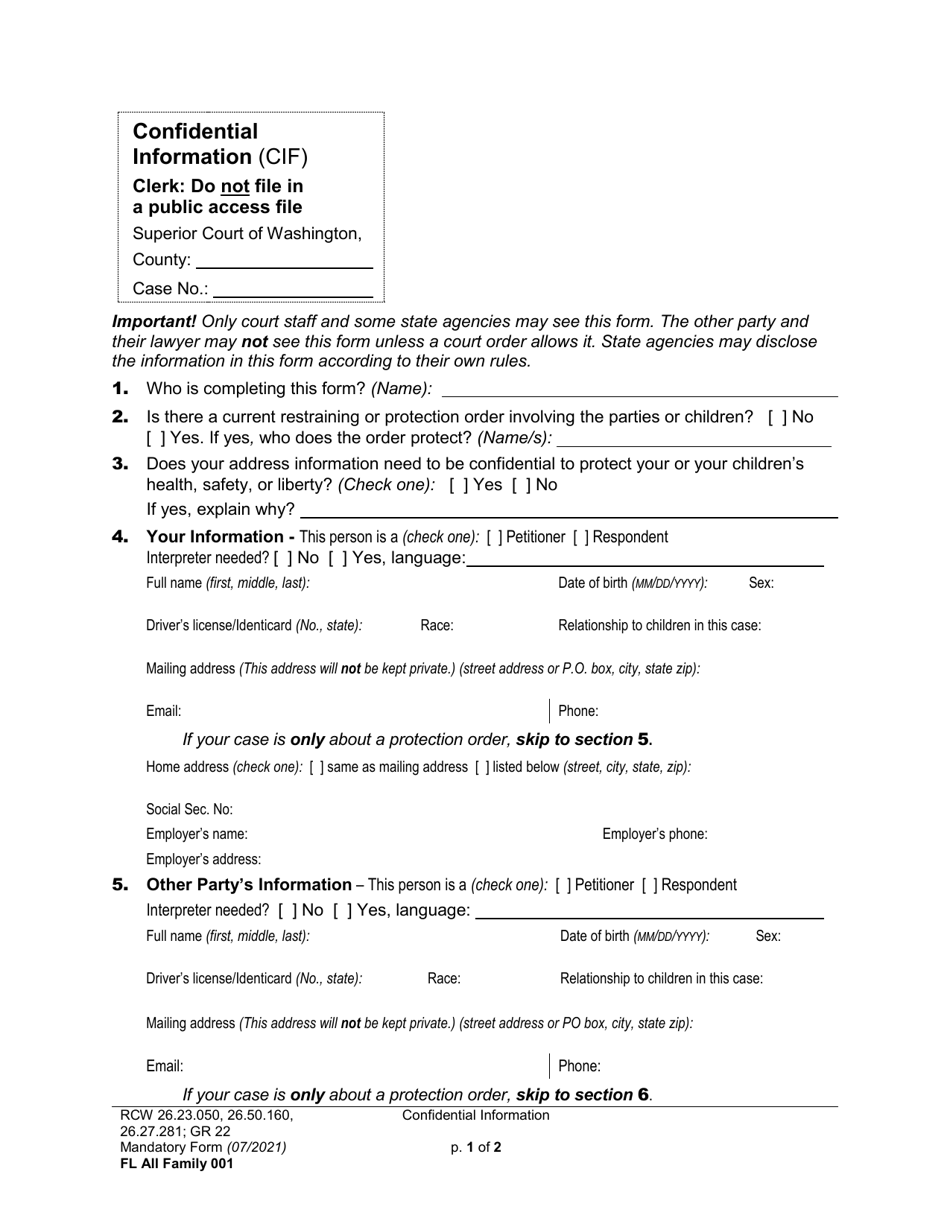 Form FL All Family001 Confidential Information (Cif) - Washington, Page 1