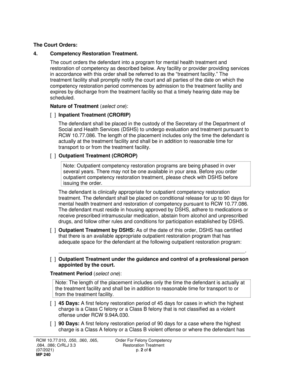 Form MP240 Order for Competency Restoration Treatment (Crorip, Crorop) - Washington, Page 2