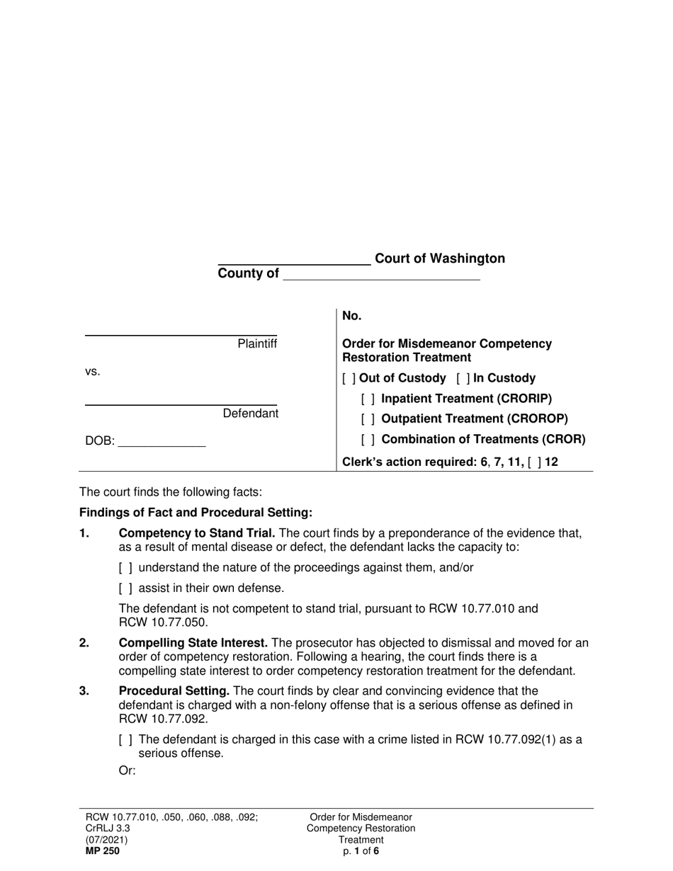 Form MP250 Order for Misdemeanor Competency Restoration Treatment (Crorip, Crorop, Cror) - Washington, Page 1