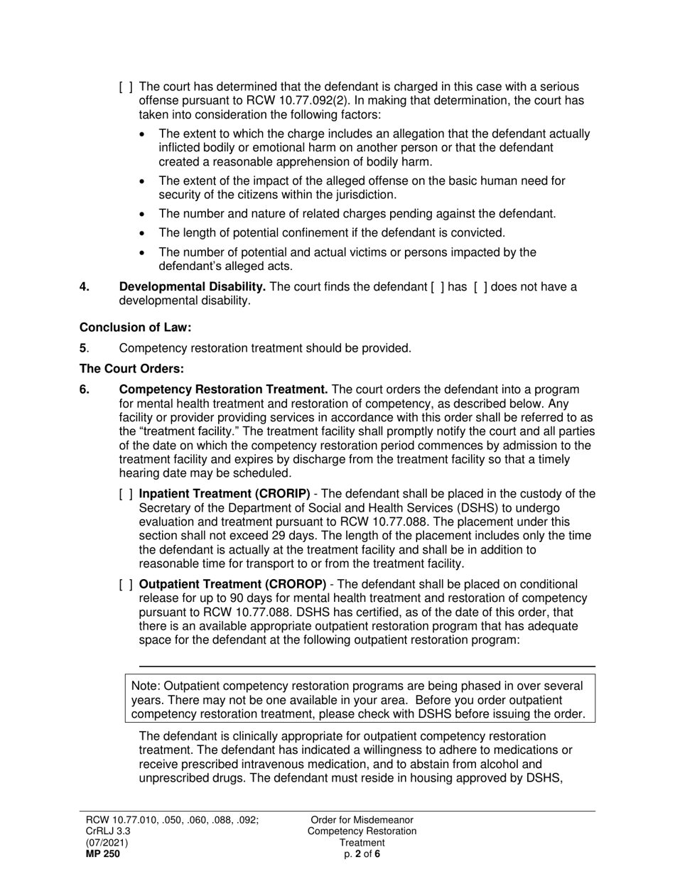 Form MP250 Order for Misdemeanor Competency Restoration Treatment (Crorip, Crorop, Cror) - Washington, Page 2