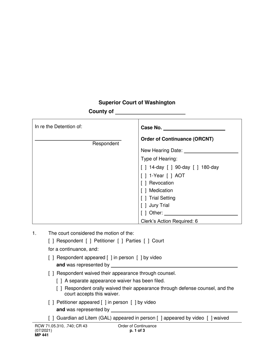 Form MP441 Order of Continuance - Washington, Page 1