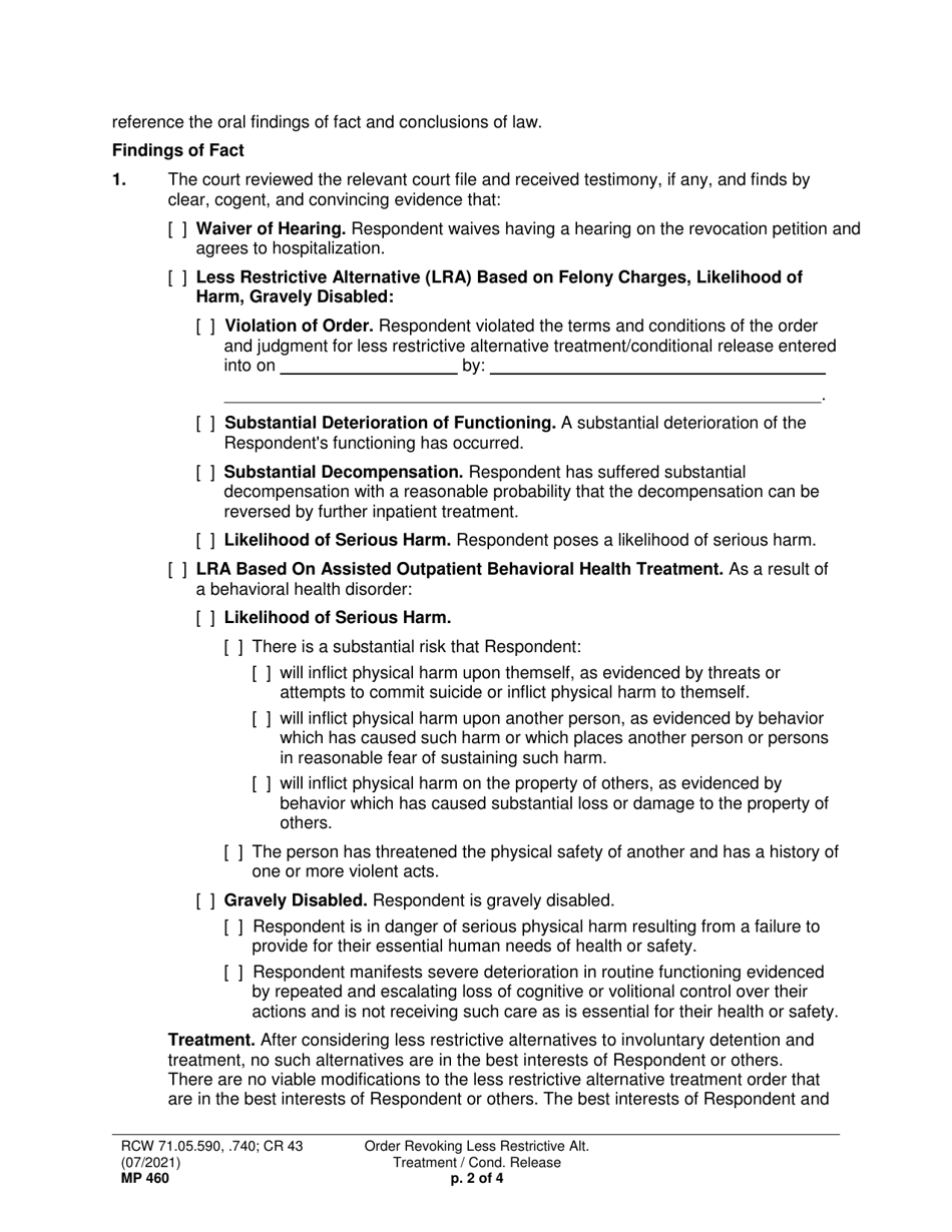 Form MP460 Order Revoking Less Restrictive Alternative Treatment / Conditional Release (Orlrat) - Washington, Page 2