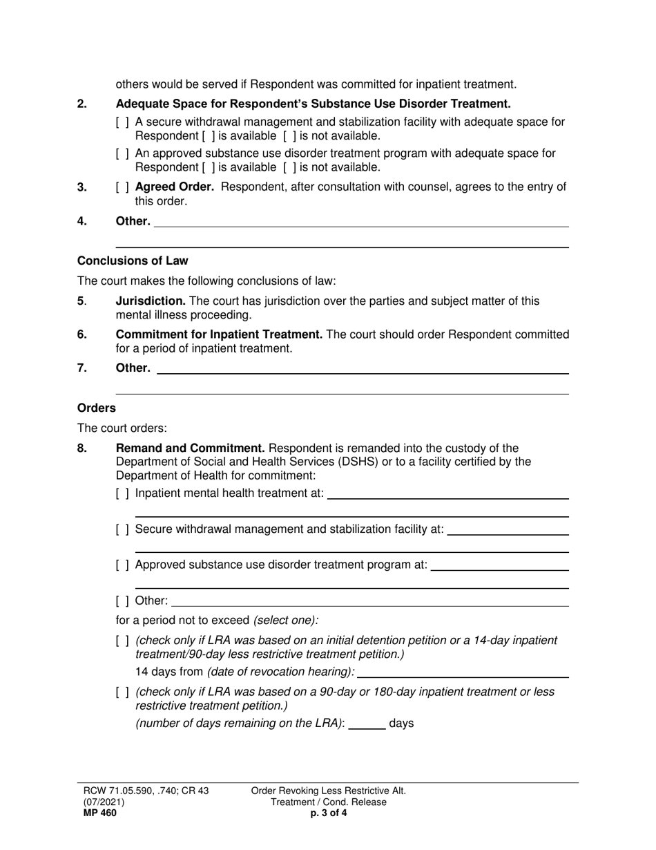 Form MP460 Order Revoking Less Restrictive Alternative Treatment / Conditional Release (Orlrat) - Washington, Page 3