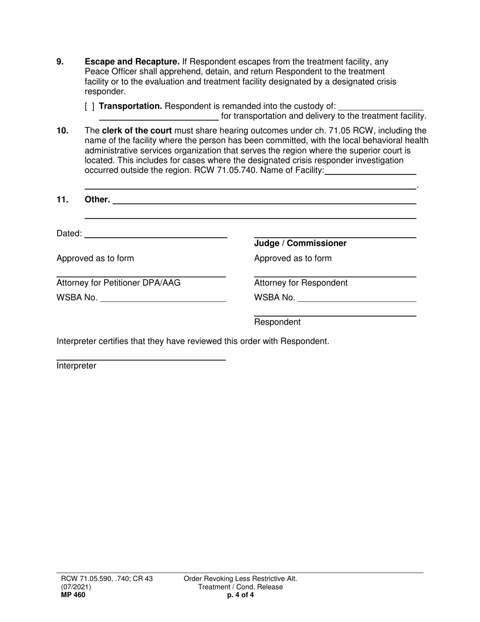 Form MP460 Order Revoking Less Restrictive Alternative Treatment / Conditional Release (Orlrat) - Washington, Page 4