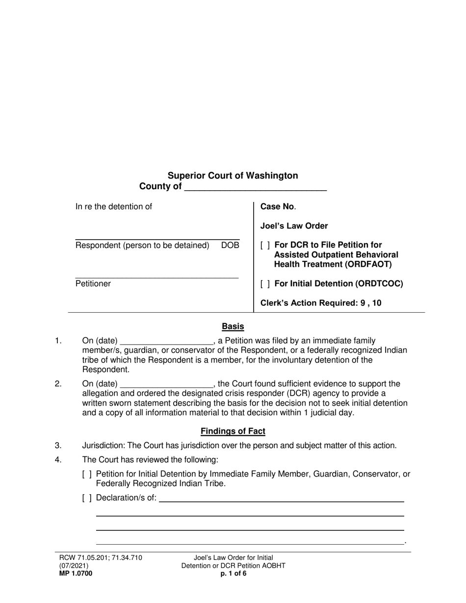 Form MP1.0700 Joels Law Order for Initial Detention (Ordfaot, Ordtcoc) - Washington, Page 1