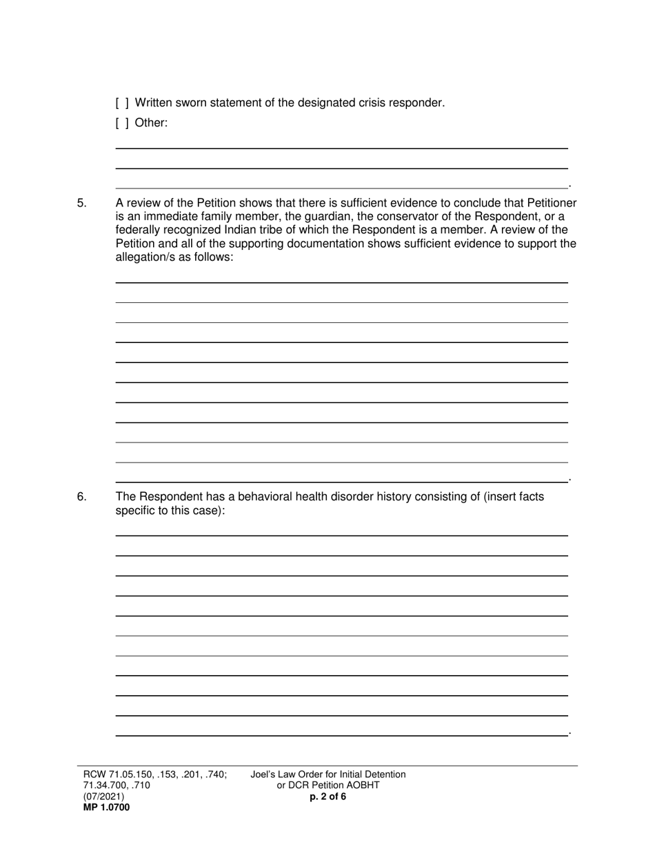 Form MP1.0700 Joels Law Order for Initial Detention (Ordfaot, Ordtcoc) - Washington, Page 2