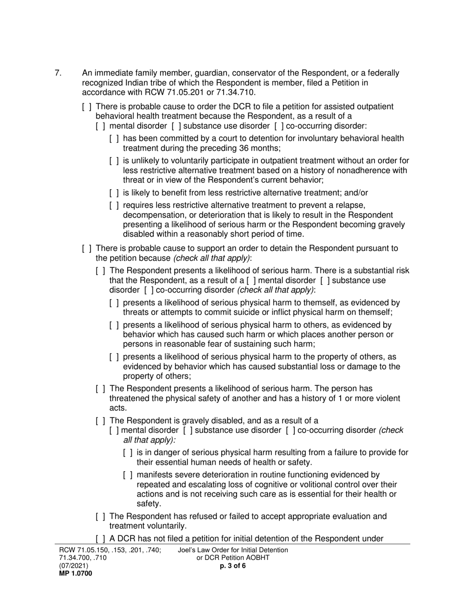 Form MP1.0700 Joels Law Order for Initial Detention (Ordfaot, Ordtcoc) - Washington, Page 3
