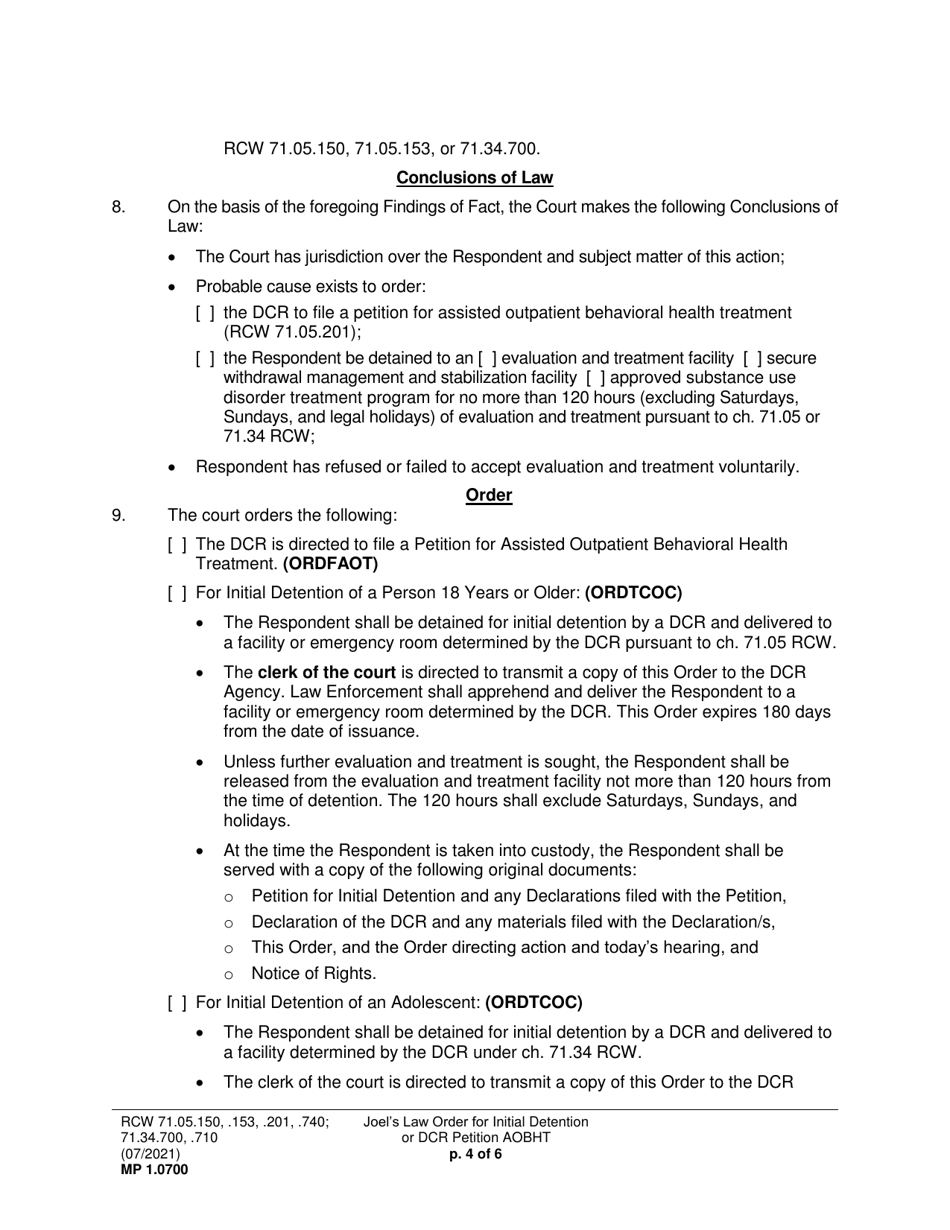 Form MP1.0700 Joels Law Order for Initial Detention (Ordfaot, Ordtcoc) - Washington, Page 4