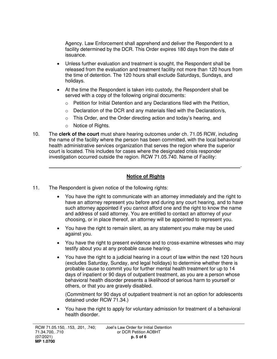 Form MP1.0700 Joels Law Order for Initial Detention (Ordfaot, Ordtcoc) - Washington, Page 5