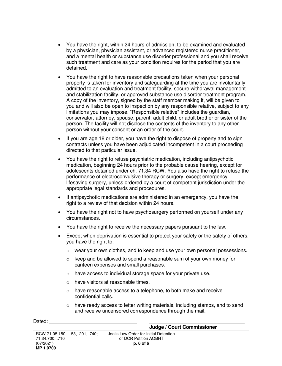 Form MP1.0700 Joels Law Order for Initial Detention (Ordfaot, Ordtcoc) - Washington, Page 6
