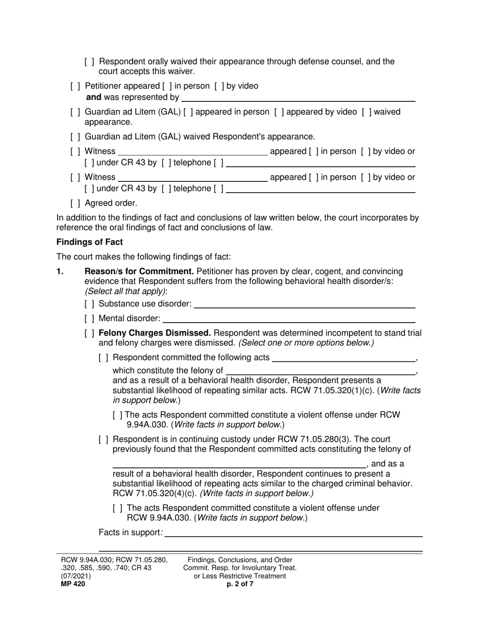 Form MP420 Findings, Conclusions, and Order Committing Respondent for Involuntary Treatment or Less Restrictive Treatment - Washington, Page 2