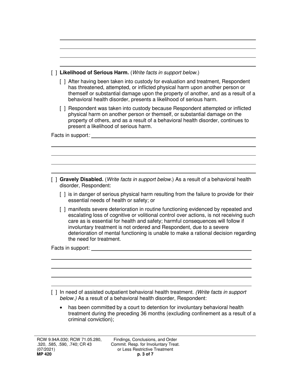 Form MP420 Findings, Conclusions, and Order Committing Respondent for Involuntary Treatment or Less Restrictive Treatment - Washington, Page 3