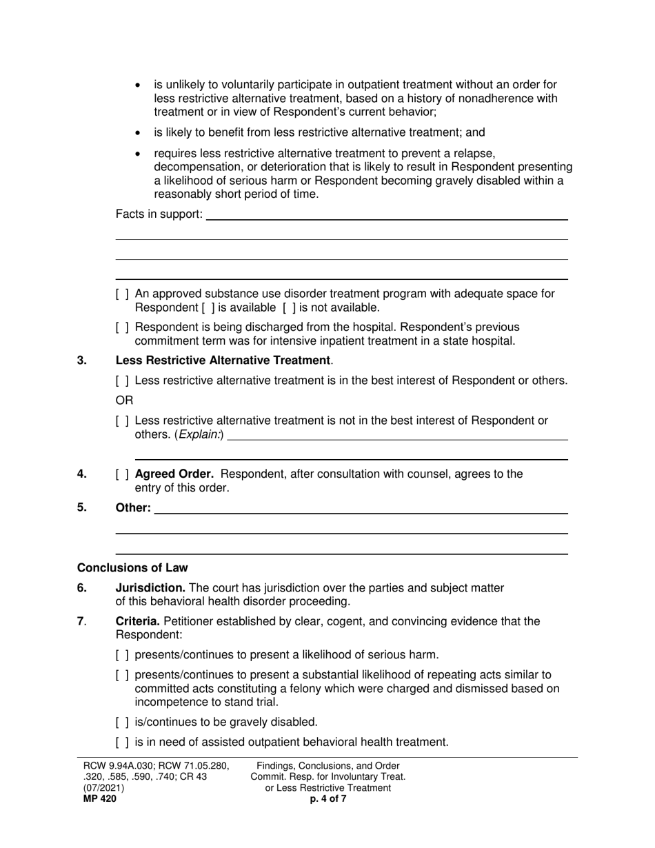 Form MP420 Findings, Conclusions, and Order Committing Respondent for Involuntary Treatment or Less Restrictive Treatment - Washington, Page 4