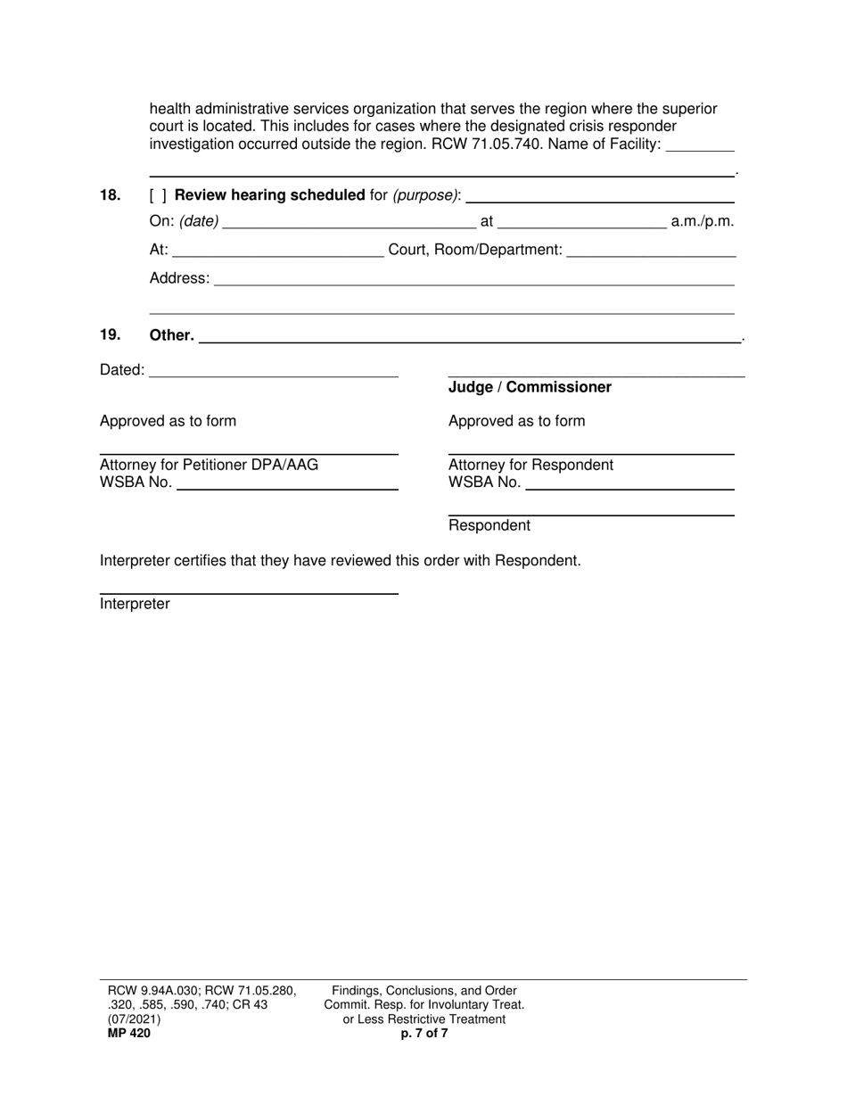Form MP420 Findings, Conclusions, and Order Committing Respondent for Involuntary Treatment or Less Restrictive Treatment - Washington, Page 7
