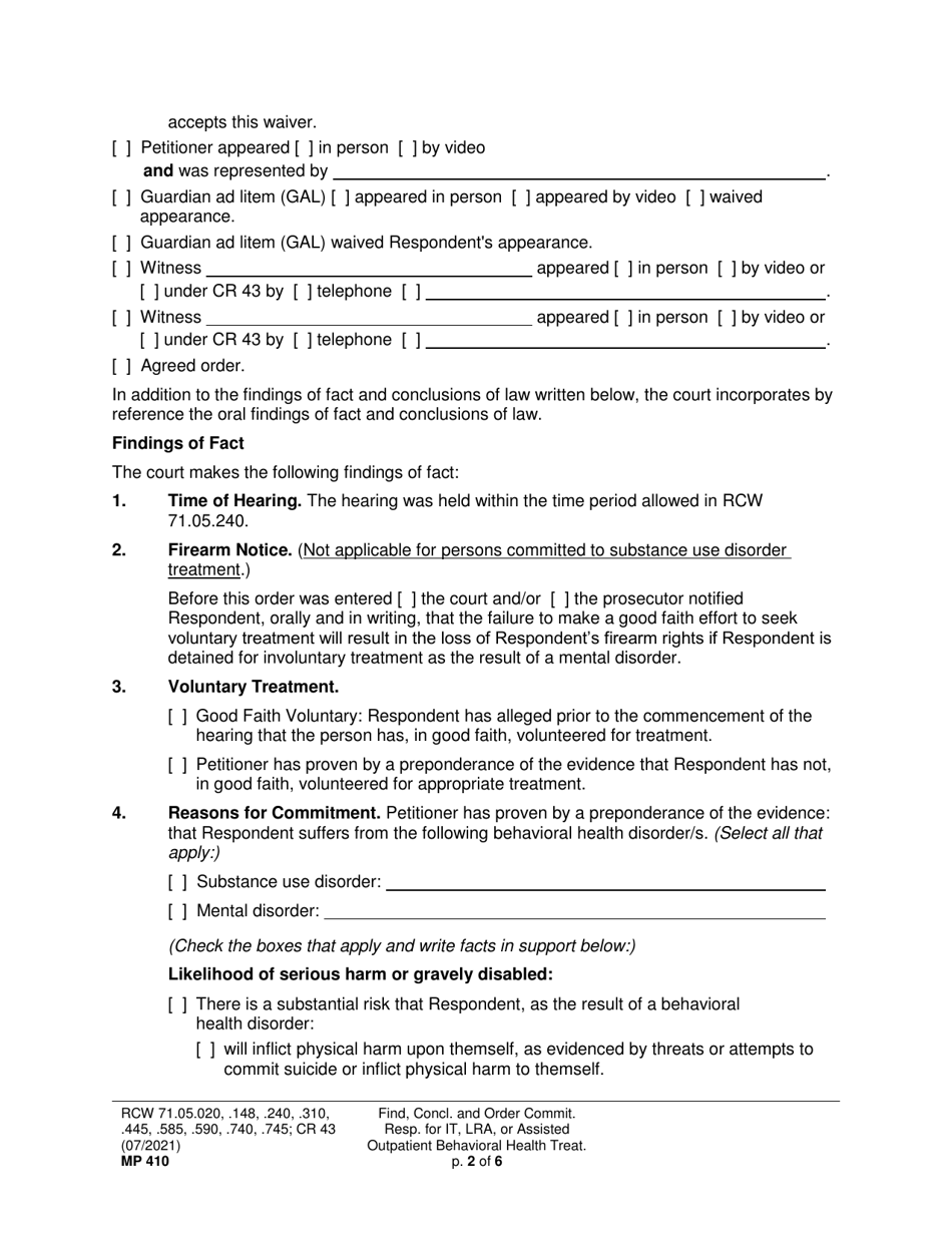Form MP410 Findings, Conclusions, and Order Committing Respondent for Involuntary Treatment, Less Restrictive Alternative Treatment, or Assisted Outpatient Behavioral Health Treatment - Washington, Page 2