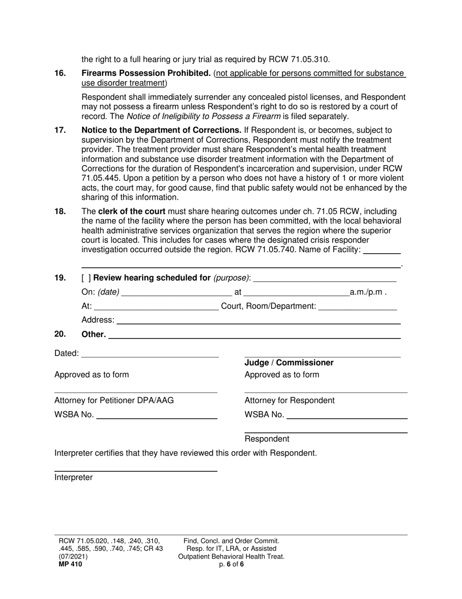 Form MP410 Findings, Conclusions, and Order Committing Respondent for Involuntary Treatment, Less Restrictive Alternative Treatment, or Assisted Outpatient Behavioral Health Treatment - Washington, Page 6