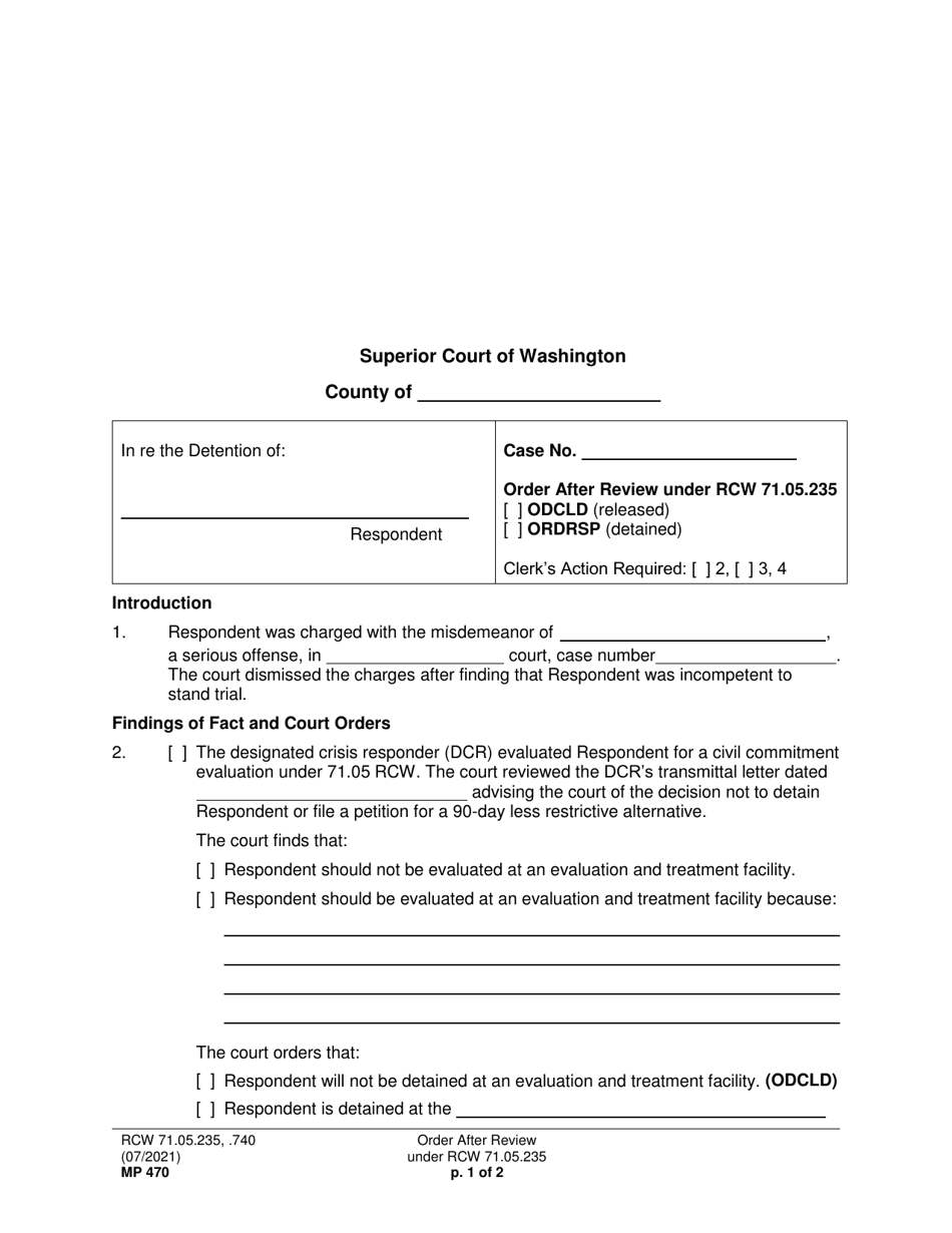 Form MP470 Order After Review Under Rcw 71.05.235 - Washington, Page 1