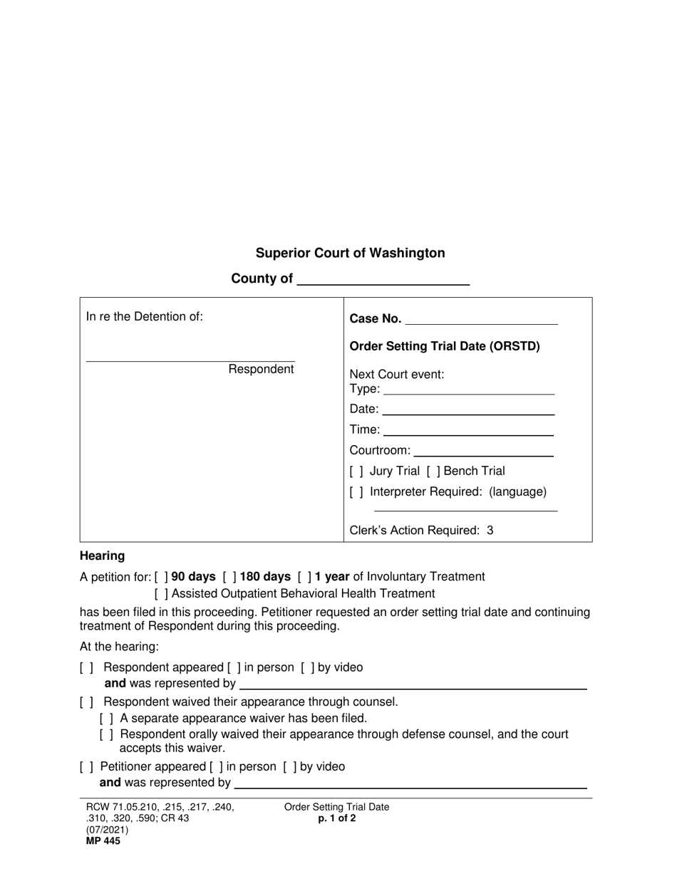 Form MP445 Order Setting Trial Date (Orstd) - Washington, Page 1