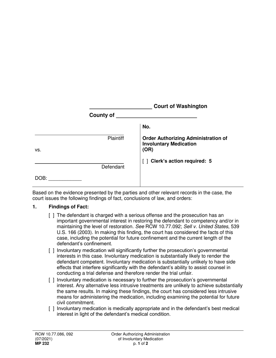 Form MP232 Order Authorizing Administration of Involuntary Medication (Or) - Washington, Page 1