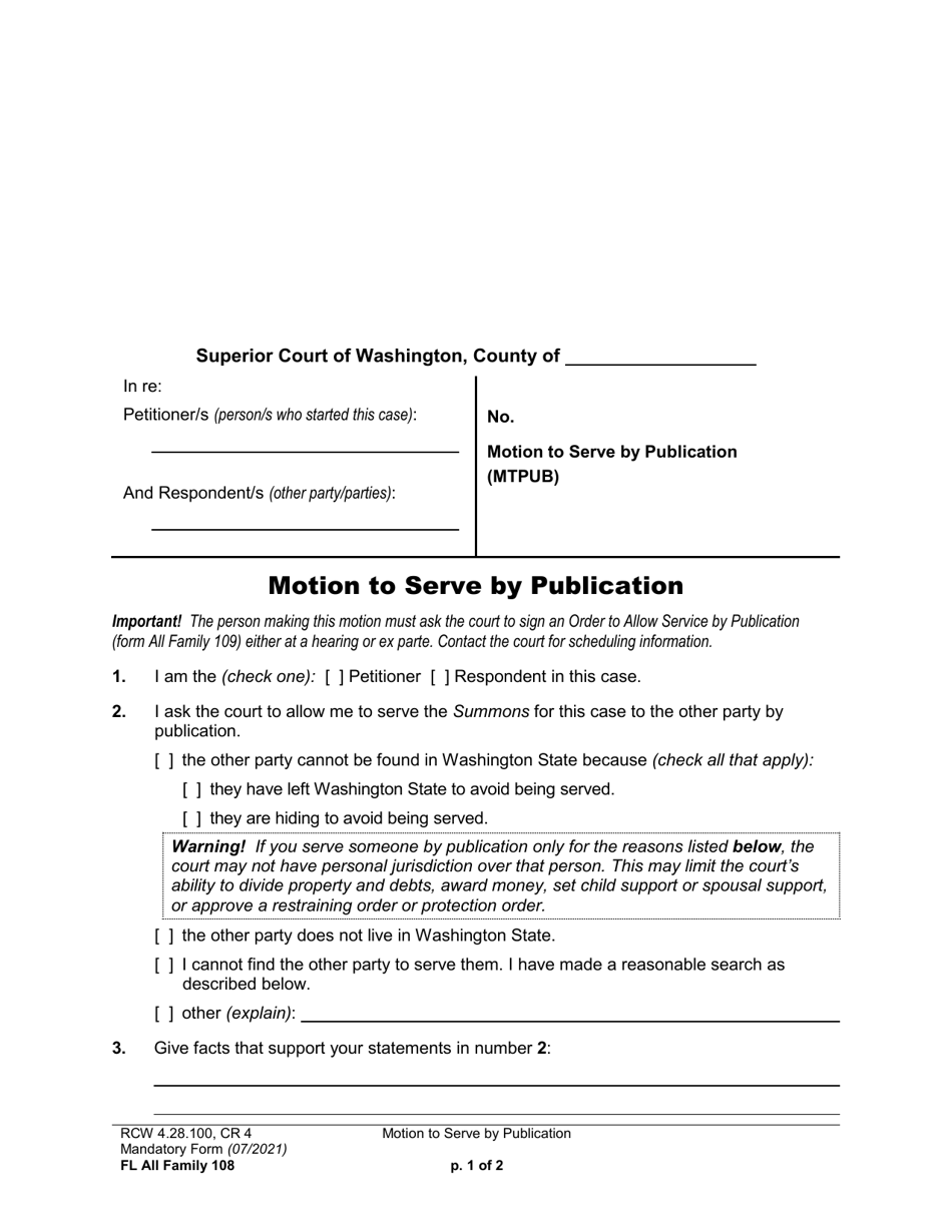 Form FL All Family108 Motion to Serve by Publication - Washington, Page 1
