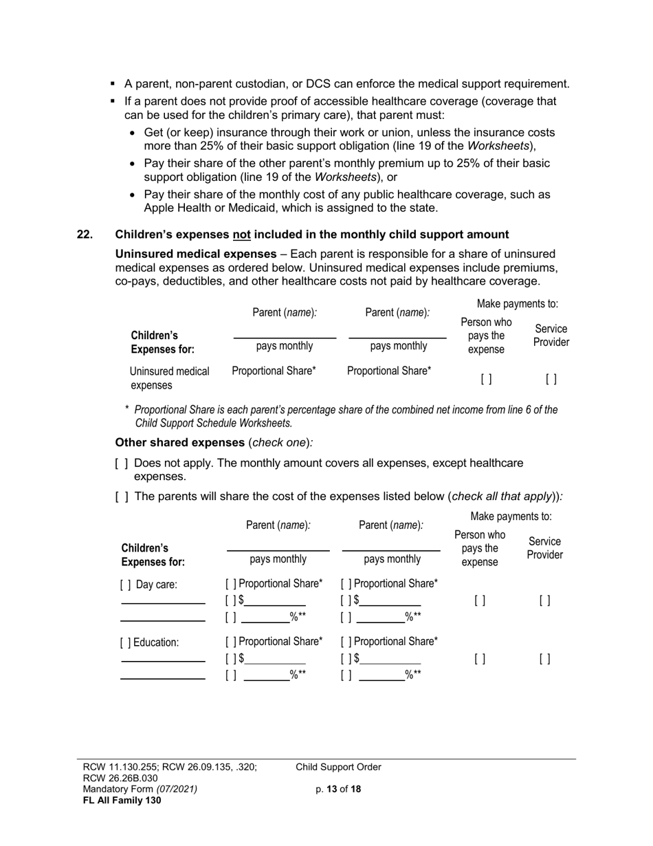 Form FL All Family130 Child Support Order - Washington, Page 13