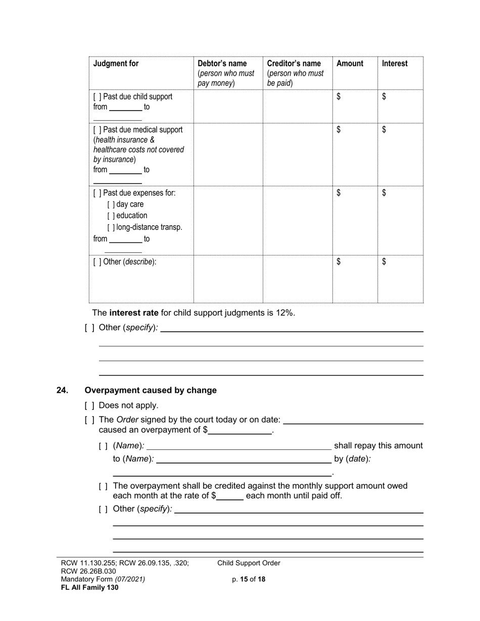 Form FL All Family130 Child Support Order - Washington, Page 15