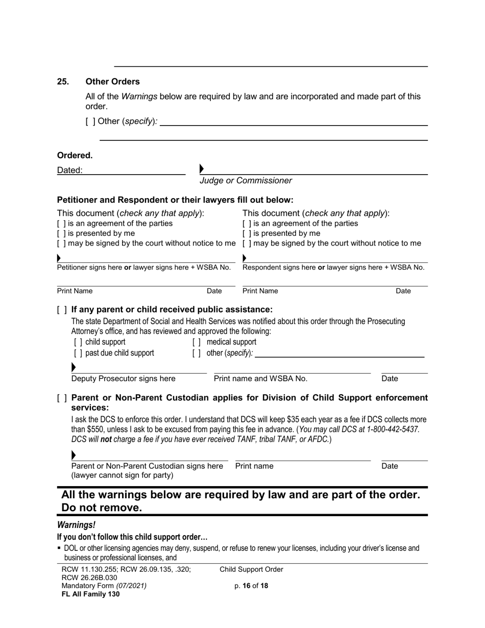 Form FL All Family130 Child Support Order - Washington, Page 16