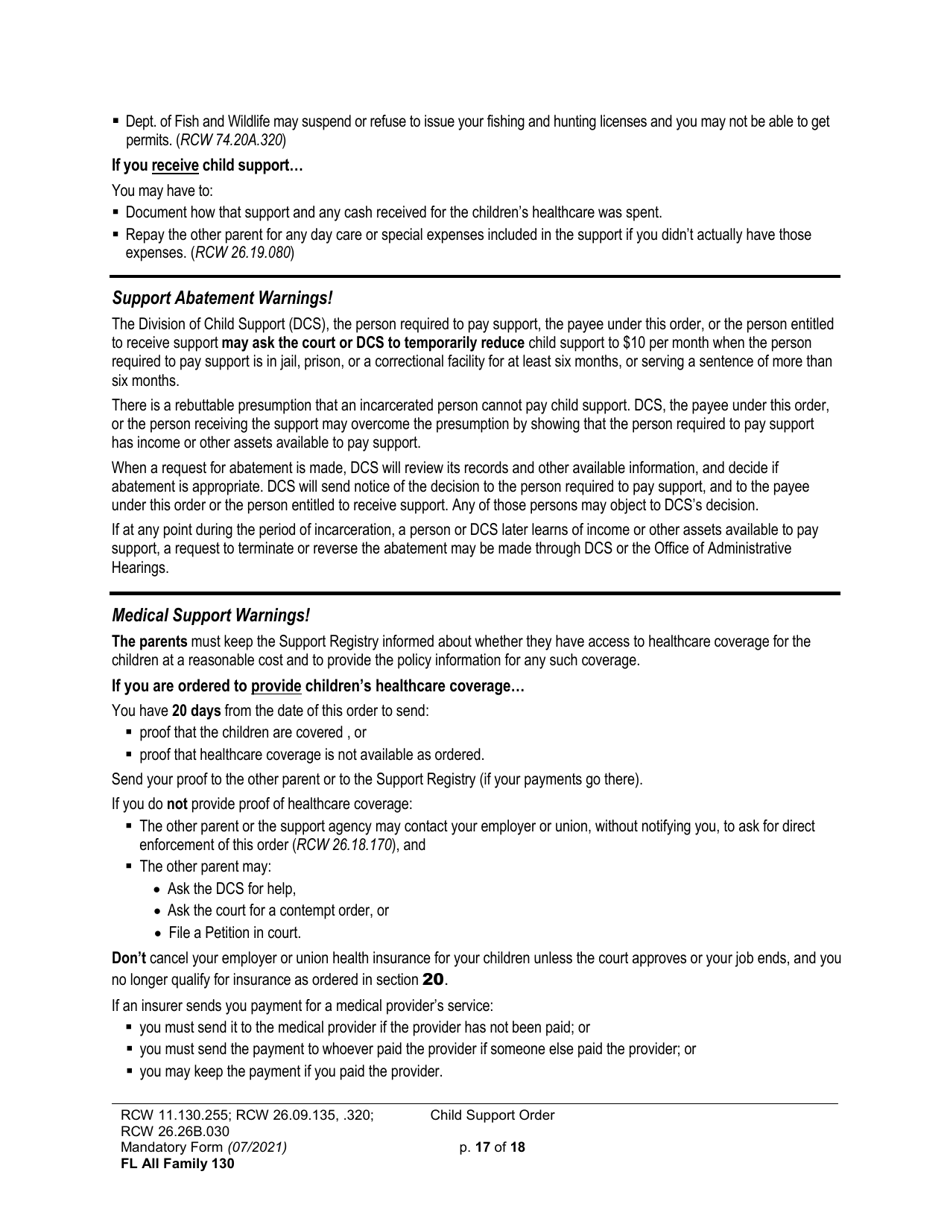 Form FL All Family130 Child Support Order - Washington, Page 17