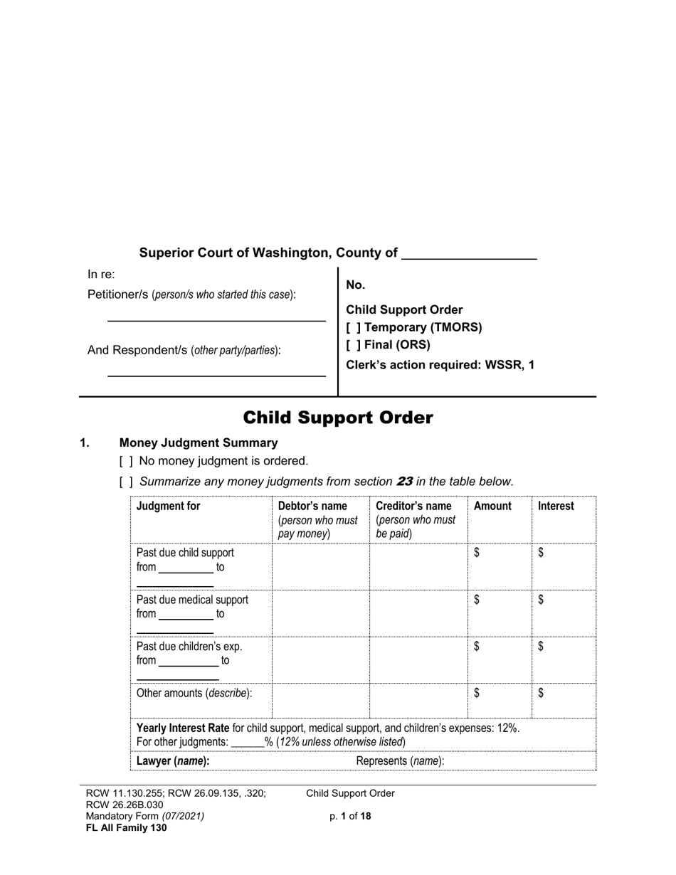 Form FL All Family130 Child Support Order - Washington, Page 1