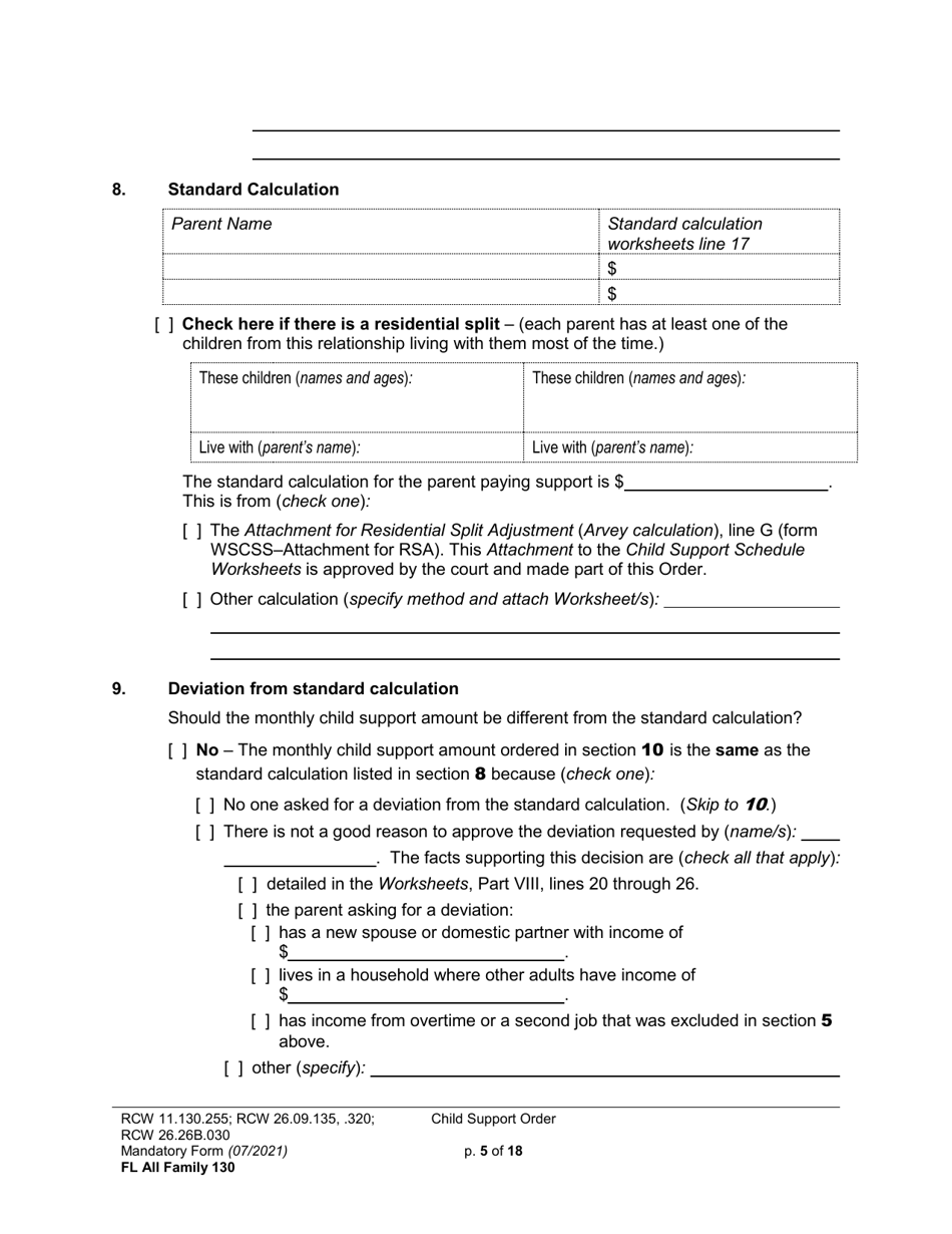 Form FL All Family130 Child Support Order - Washington, Page 5