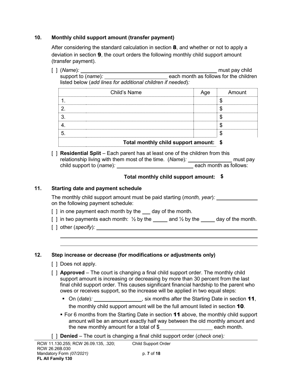 Form FL All Family130 Child Support Order - Washington, Page 7