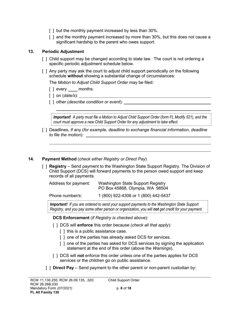 Form FL All Family130 Child Support Order - Washington, Page 8