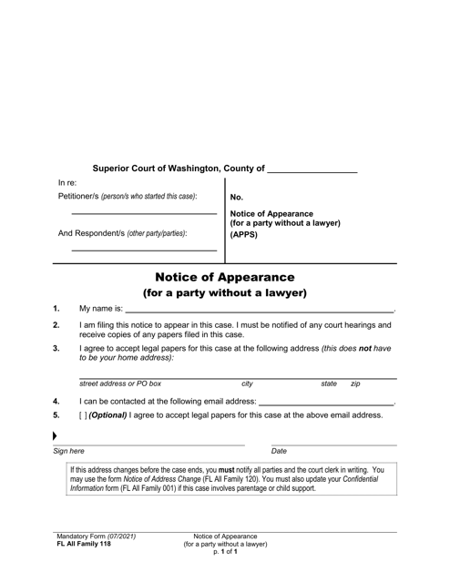 Form FL All Family118 Notice of Appearance (For a Party Without a Lawyer) - Washington