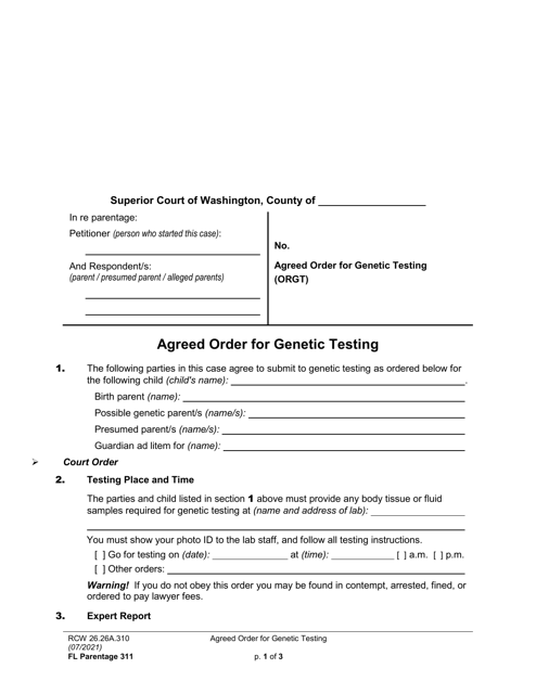 Form FL Parentage311 Agreed Order for Genetic Testing - Washington