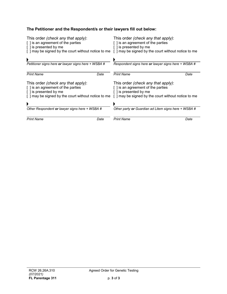 Form FL Parentage311 Agreed Order for Genetic Testing - Washington, Page 3