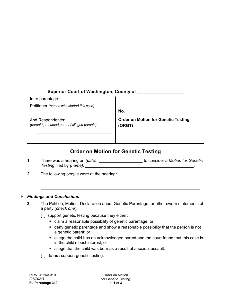 Form FL Parentage310 Order on Motion for Genetic Testing - Washington, Page 1