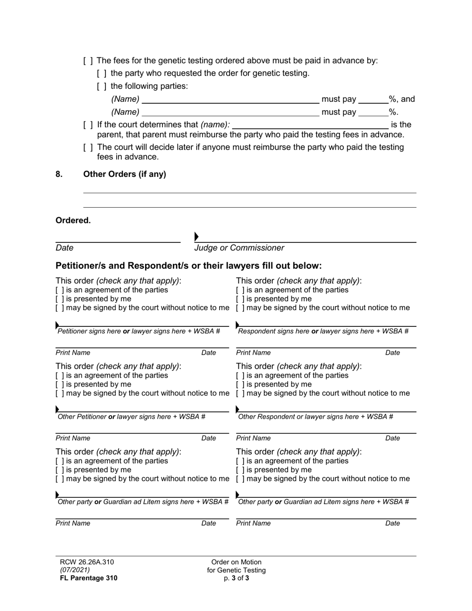 Form FL Parentage310 Order on Motion for Genetic Testing - Washington, Page 3