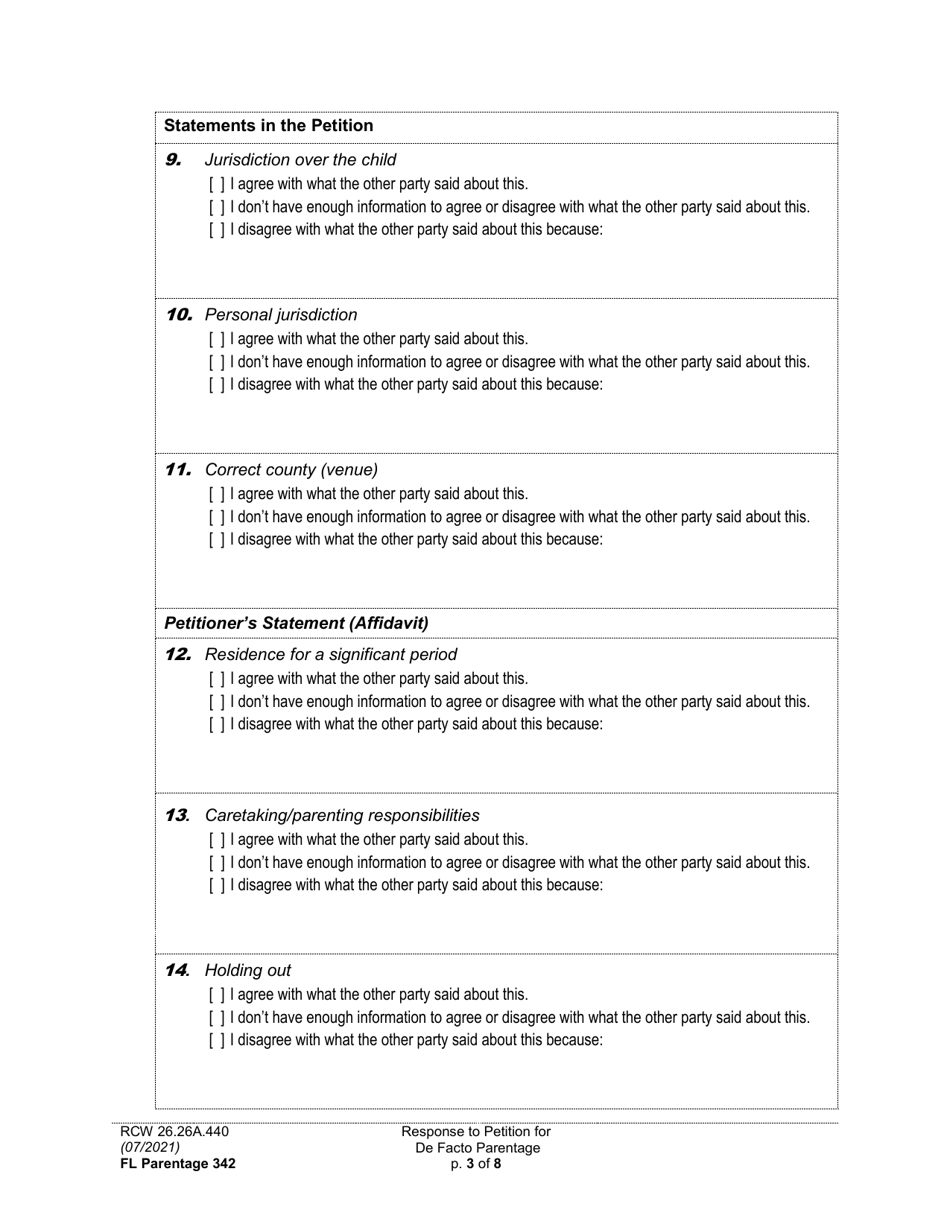 Form FL Parentage342 Response to Petition for Facto Parentage - Washington, Page 3