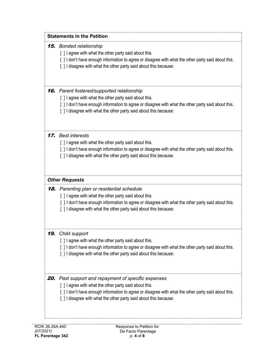 Form FL Parentage342 Response to Petition for Facto Parentage - Washington, Page 4