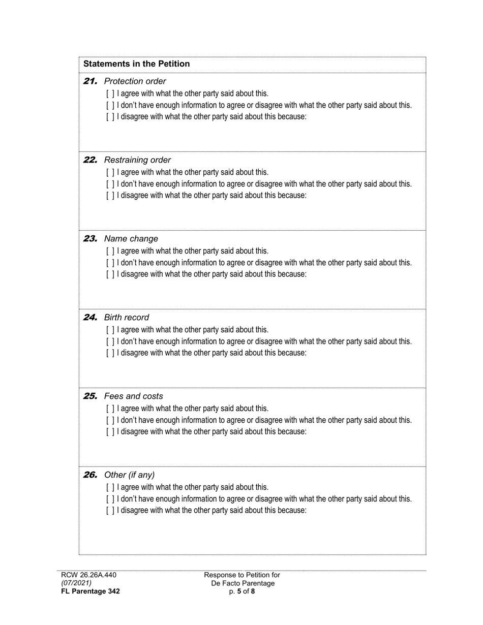 Form FL Parentage342 Response to Petition for Facto Parentage - Washington, Page 5