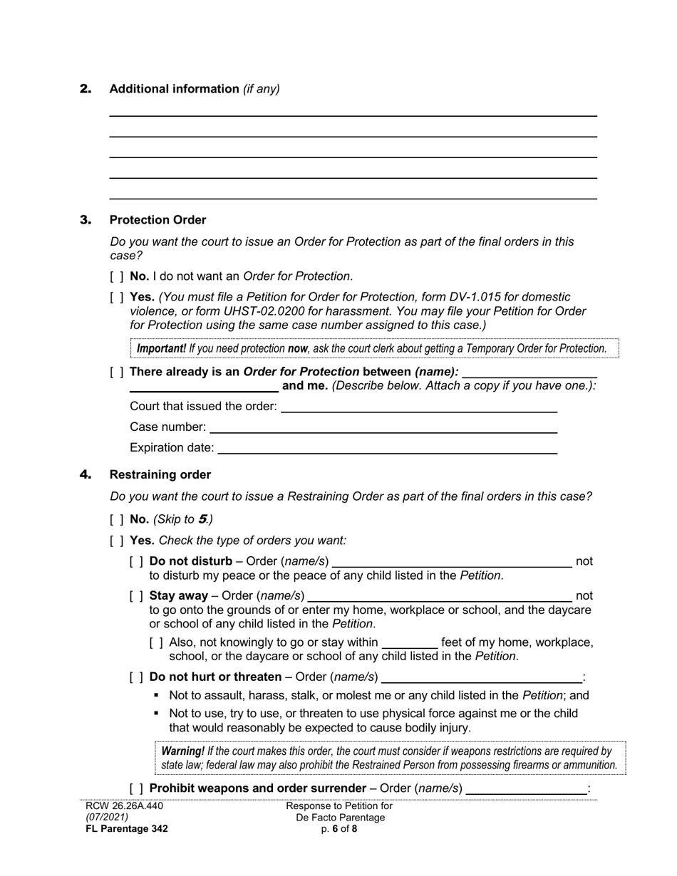 Form FL Parentage342 Response to Petition for Facto Parentage - Washington, Page 6