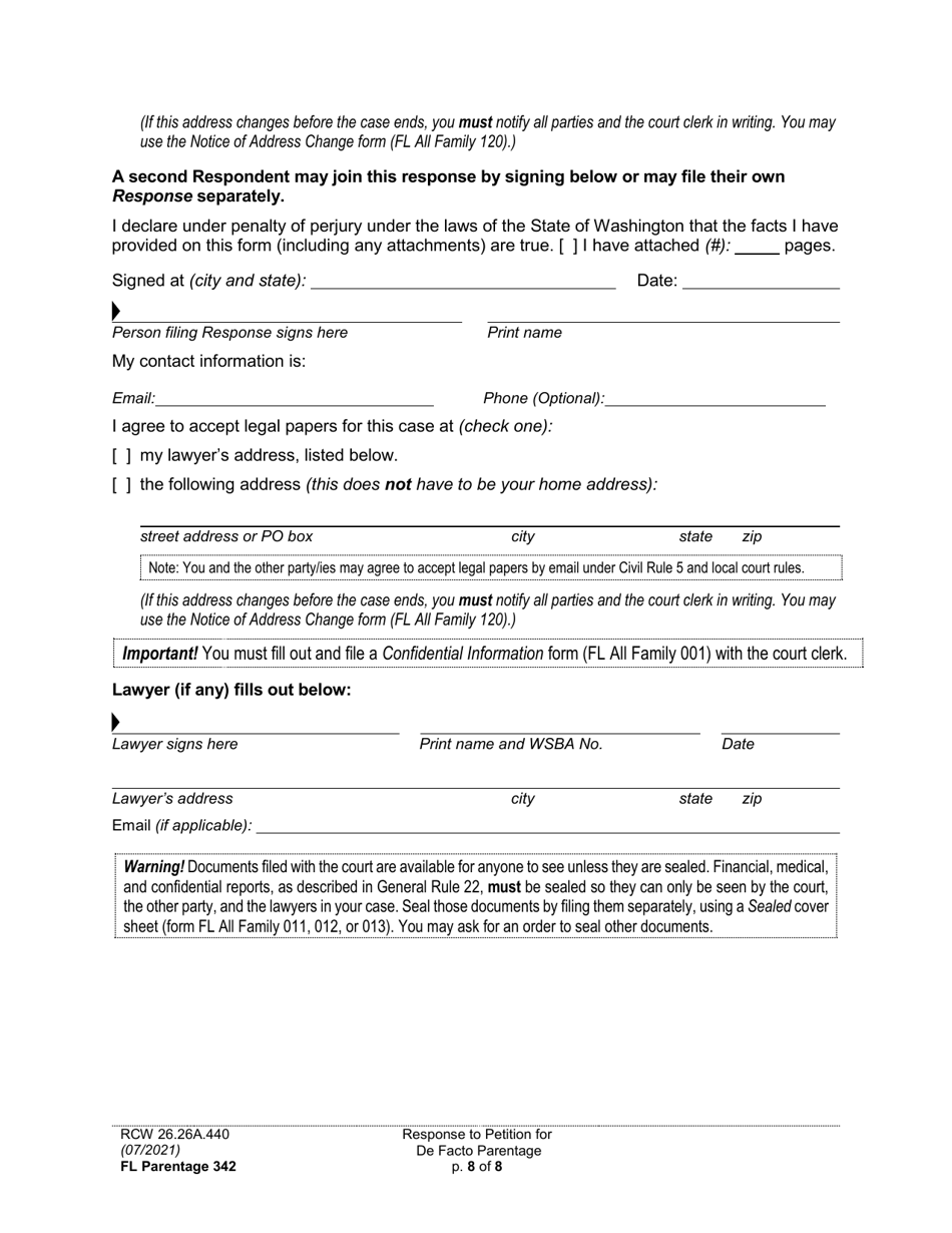 Form FL Parentage342 Response to Petition for Facto Parentage - Washington, Page 8