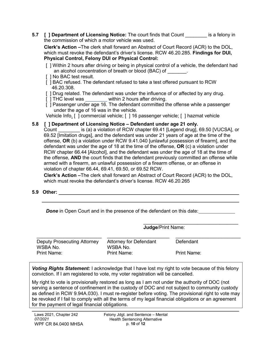 Form WPF CR84.0400 MHSA Felony Judgment and Sentence - Mental Health Sentencing Alternative - Washington, Page 10