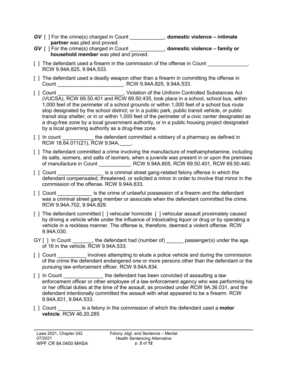 Form WPF CR84.0400 MHSA Felony Judgment and Sentence - Mental Health Sentencing Alternative - Washington, Page 2