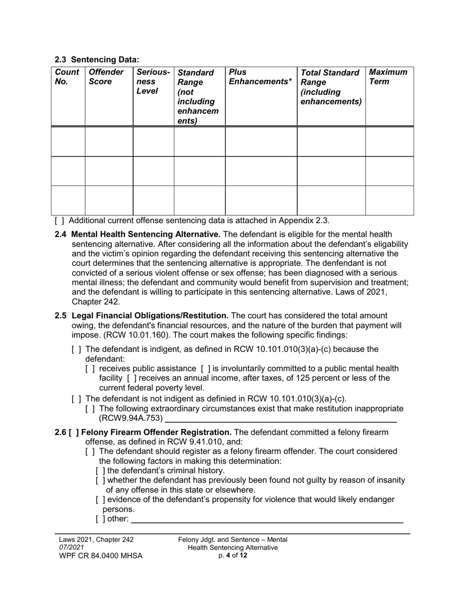 Form WPF CR84.0400 MHSA Felony Judgment and Sentence - Mental Health Sentencing Alternative - Washington, Page 4