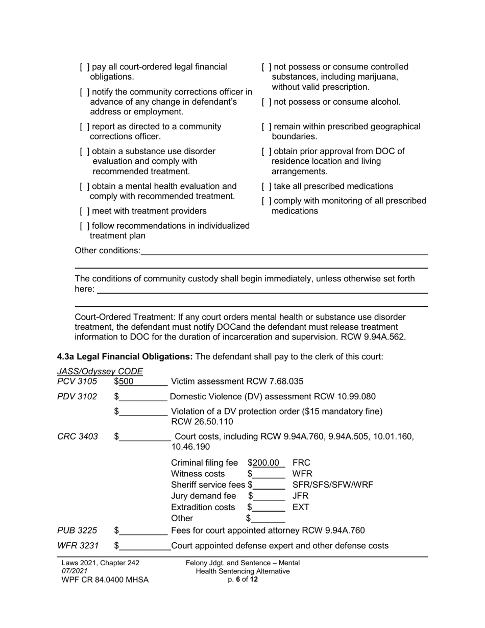 Form WPF CR84.0400 MHSA Felony Judgment and Sentence - Mental Health Sentencing Alternative - Washington, Page 6
