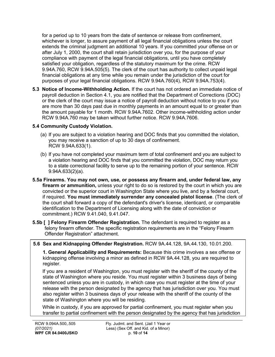 Form WPF CR84.0400 JSKO Felony Judgment and Sentence - Jail One Year or Less (Sex Offense and Kidnapping of a Minor) - Washington, Page 10