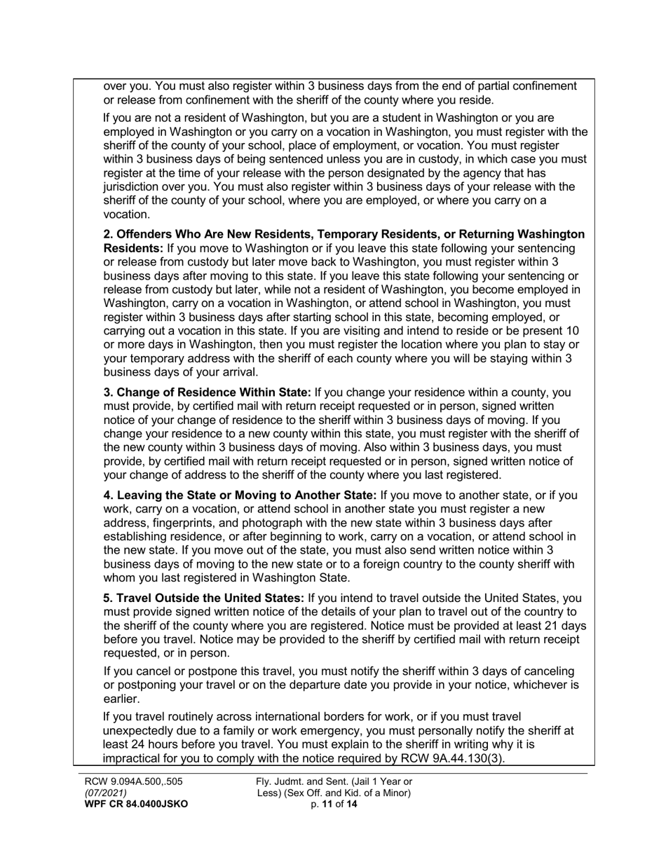 Form WPF CR84.0400 JSKO Felony Judgment and Sentence - Jail One Year or Less (Sex Offense and Kidnapping of a Minor) - Washington, Page 11