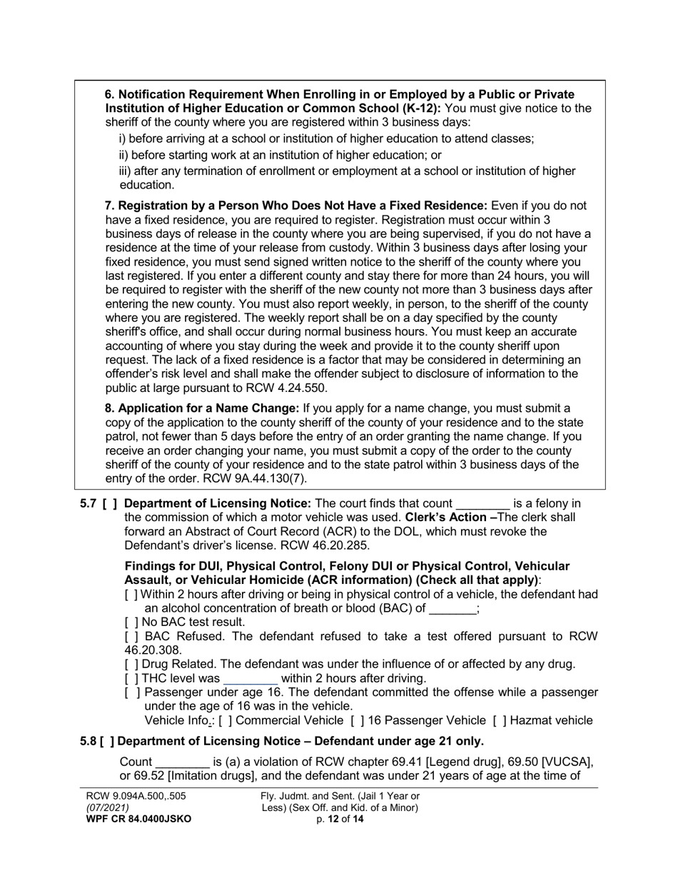 Form WPF CR84.0400 JSKO Felony Judgment and Sentence - Jail One Year or Less (Sex Offense and Kidnapping of a Minor) - Washington, Page 12